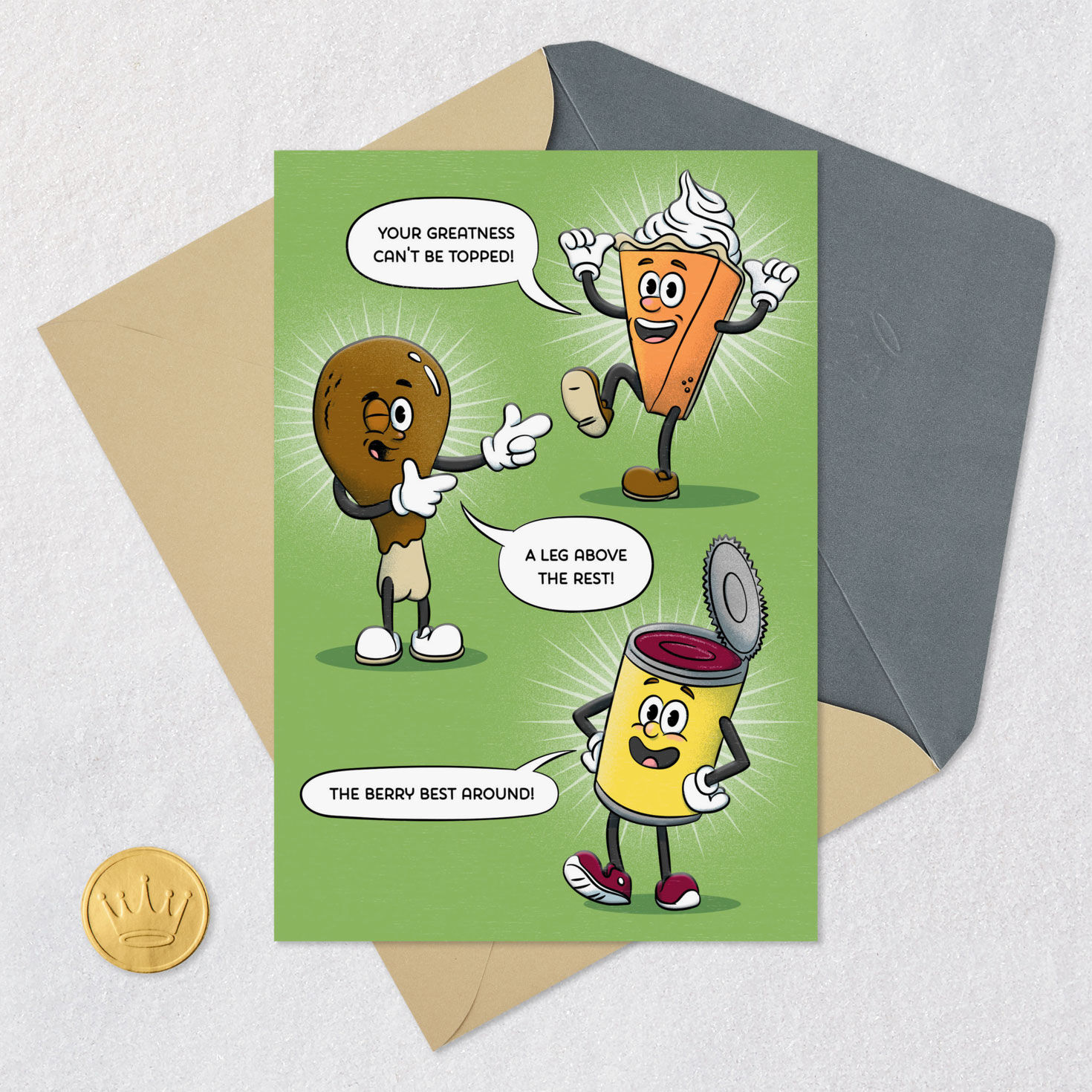 Funny Food Puns Thanksgiving Card Card Front with Envelope and Gold Seal image number 6
