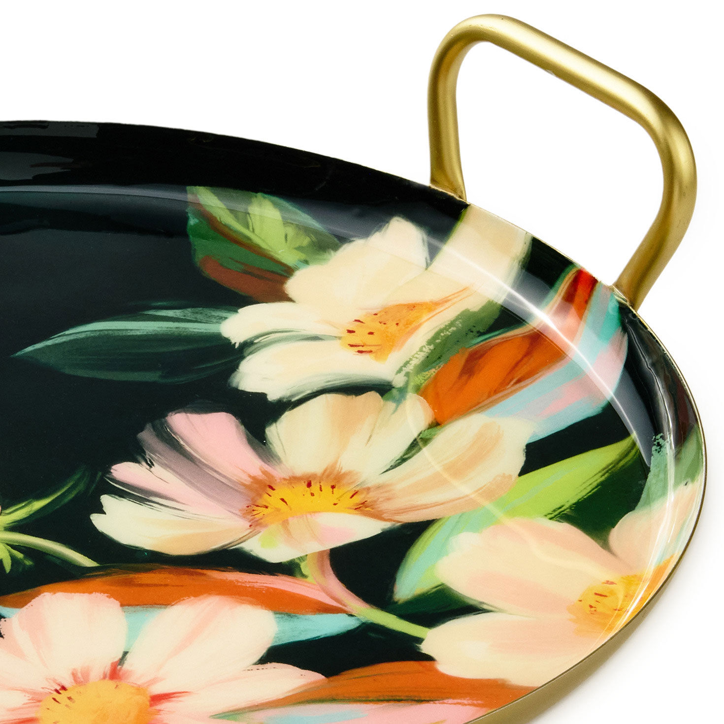 Round Metal Serving Tray With Green Floral Design upclose view image number 3