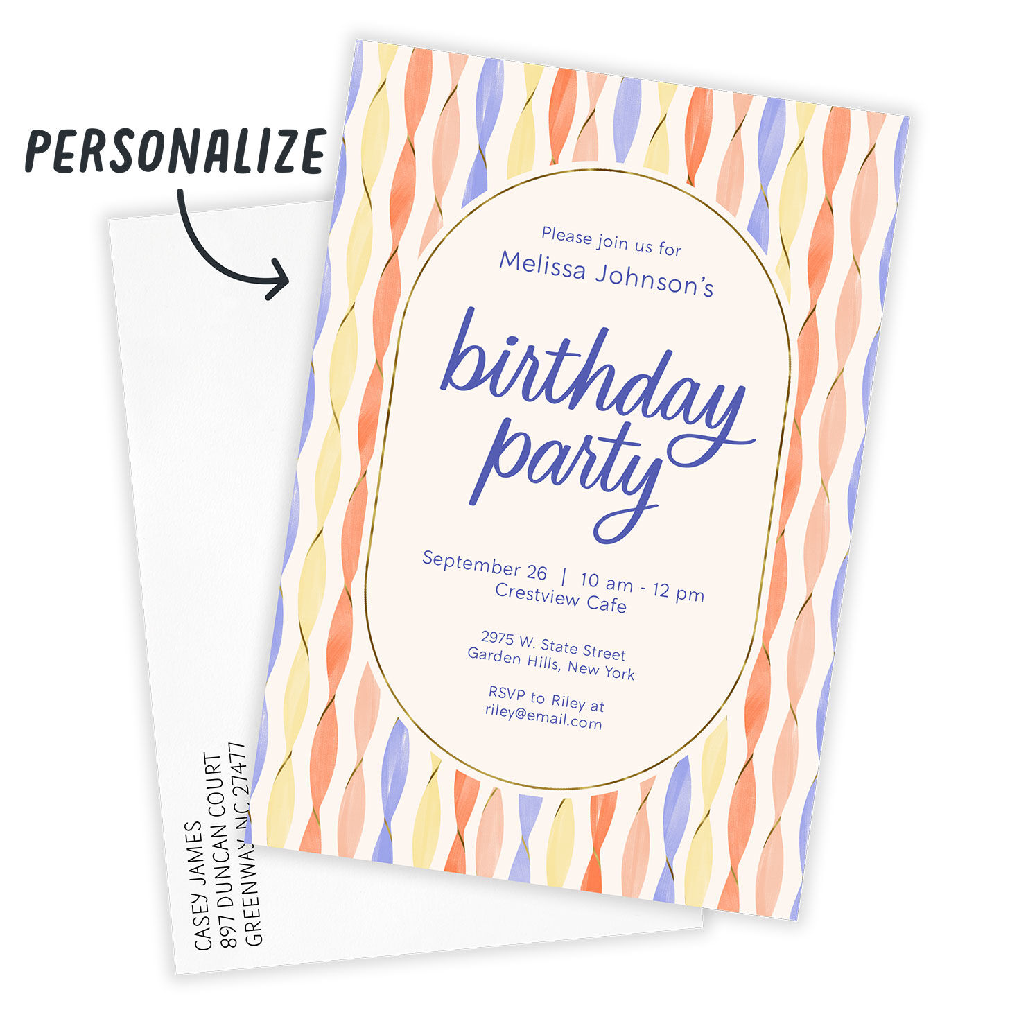 Colored Streamers Personalized Party Invitation Card with Envelope indicating personalization image number 2