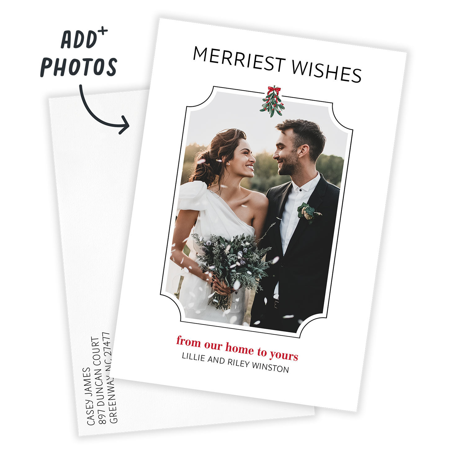 Simple Mistletoe Personalized Christmas Photo Card Card with Envelope indicating personalization image number 2