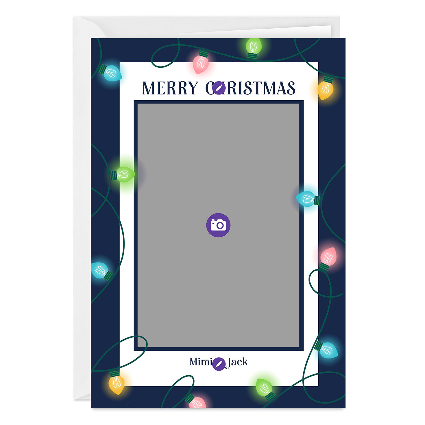 String Lights Blue Frame Personalized Christmas Card Card Front indicating personalization image number 3