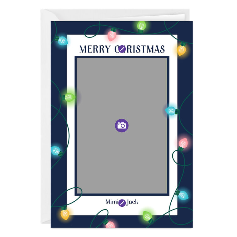 String Lights Blue Frame Personalized Christmas Card Card Front indicating personalization image number 3