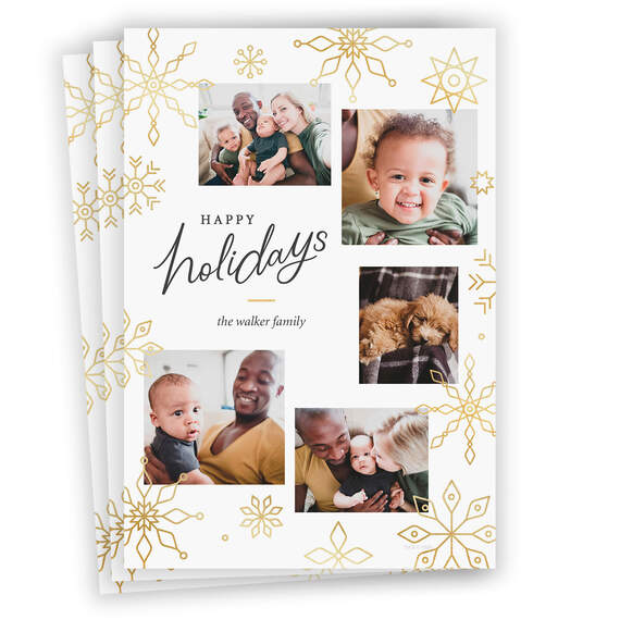 Gold Snowflakes on White Flat Holiday Photo Card