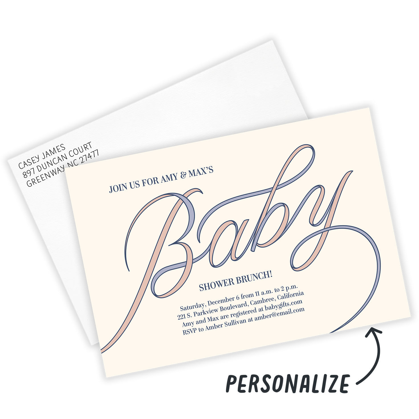 Pink Blue Script Personalized Baby Shower Invite Card front with Envelope indicating personalization image number 2