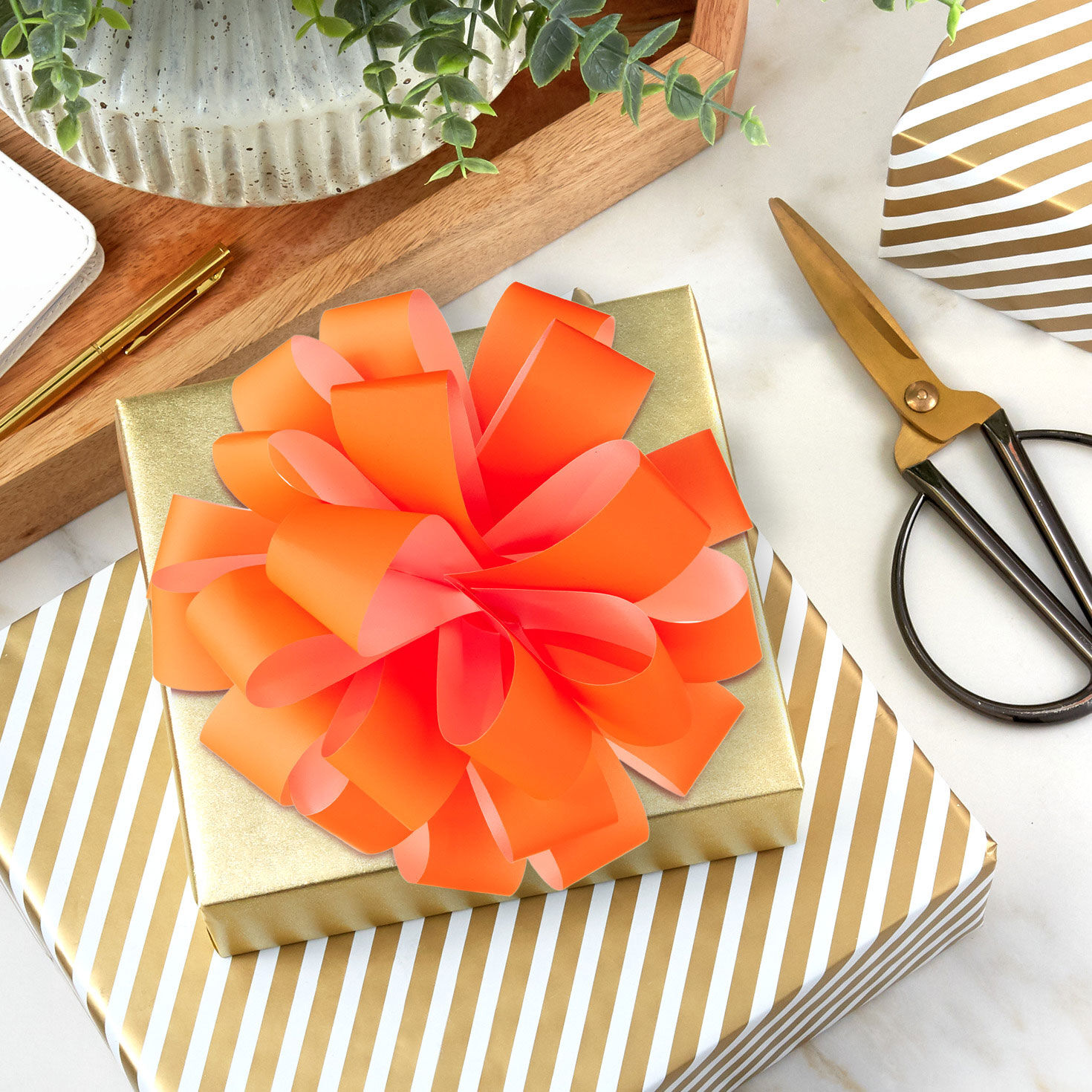 Bright Orange Looped Ribbon Gift Bow in use image number 2