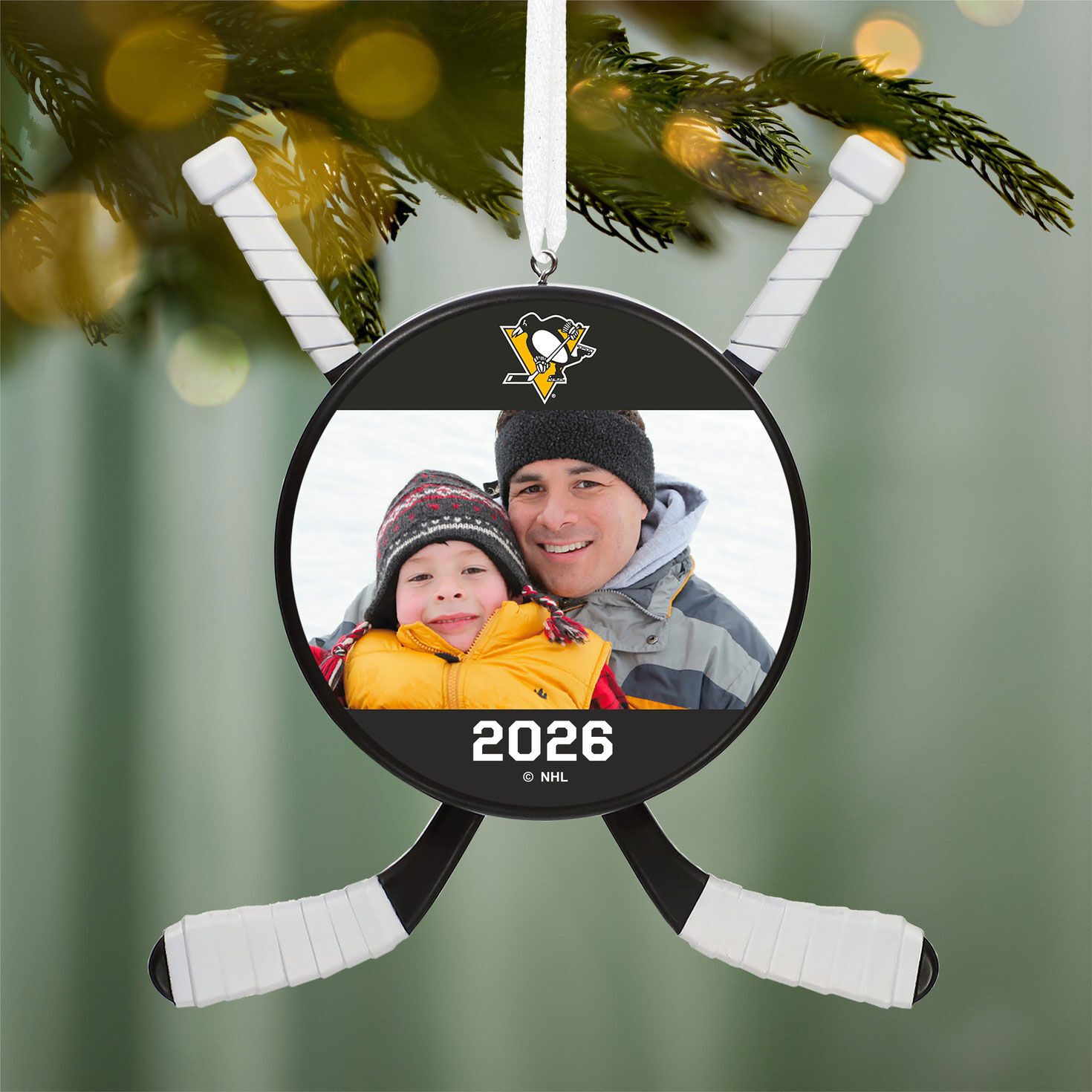 NHL Pittsburgh Penguins&reg; Hockey Personalized Ornament, Custom Photo and Text hanging on tree image number 2