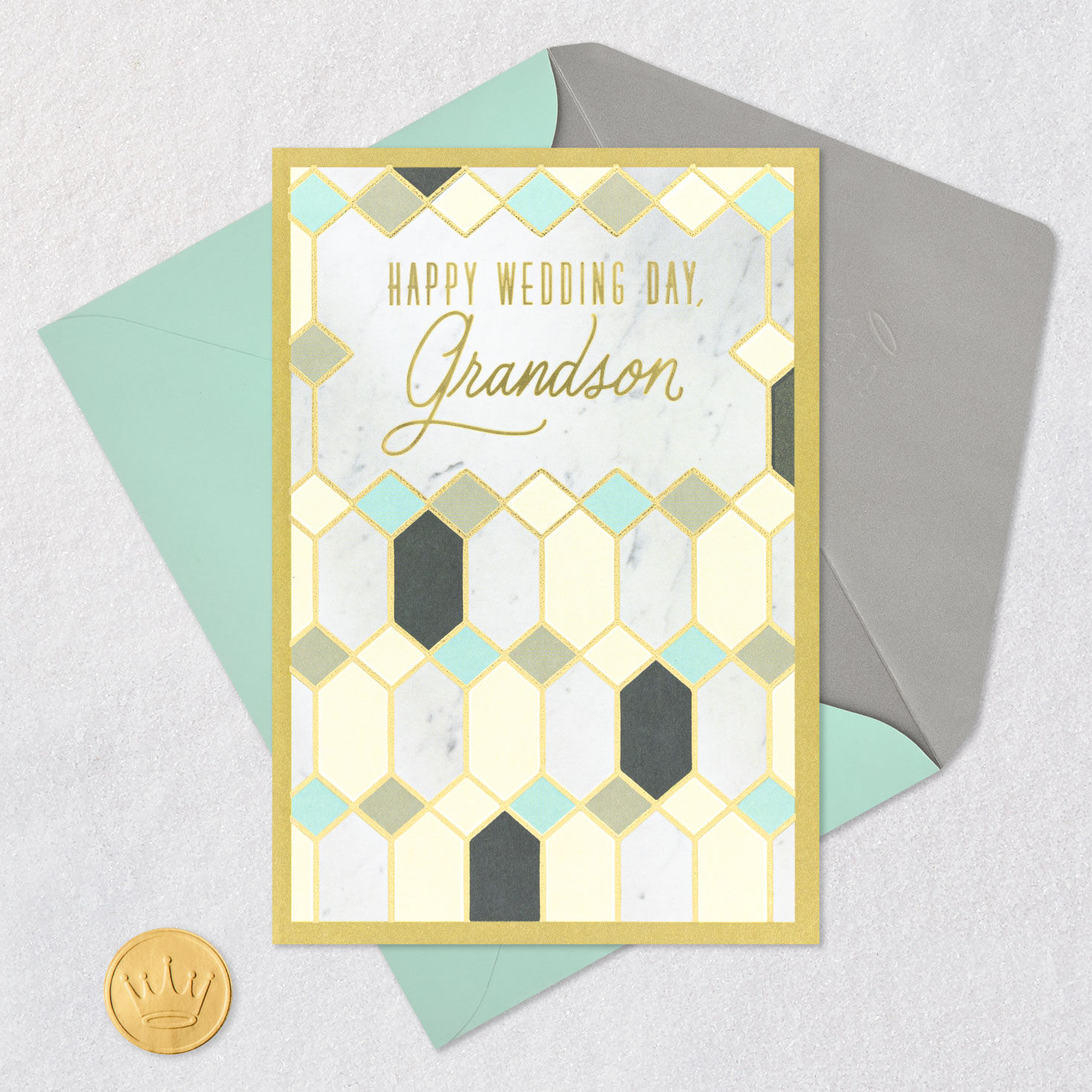 Stained Glass and Marble Grandson Wedding Card Card Front with Envelope and Gold Seal image number 5