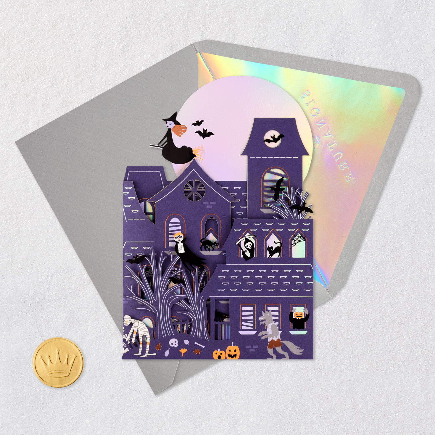 Fold-Out Haunted House Halloween Card Card Front with Envelope and Gold Seal image number 7