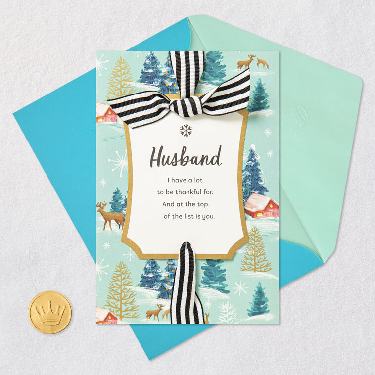 Winter Scenes With Ribbon Husband Christmas Card Card Front with Envelope and Gold Seal image number 7