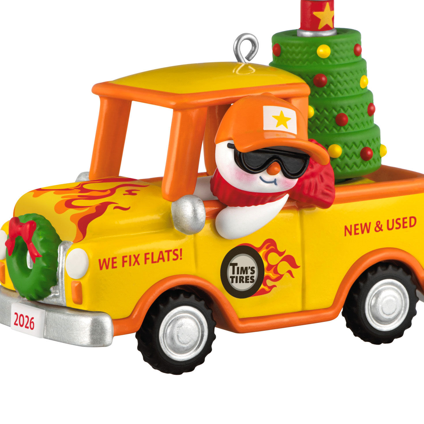 Snowman in Hot Rod Truck Keepsake Ornament closeup view image number 5