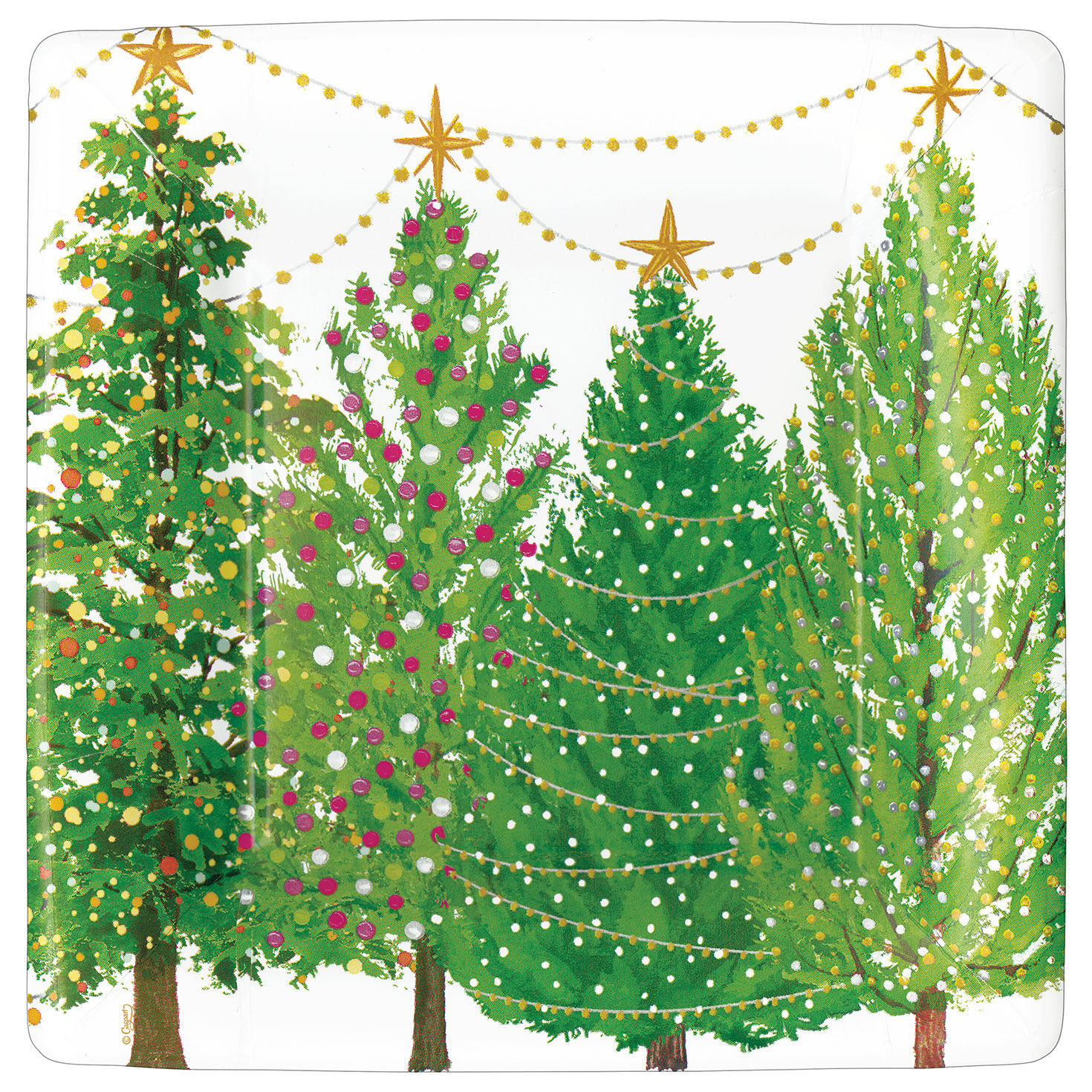 Caspari Christmas Trees With Lights Square Dinner Plates, Set of 8