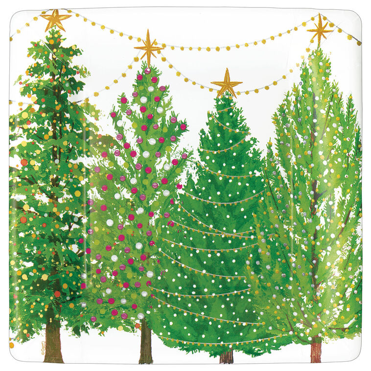 Caspari Christmas Trees With Lights Square Dinner Plates, Set of 8