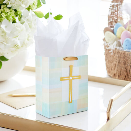 13" Gold Cross With Pastel Border Large Gift Bag, 