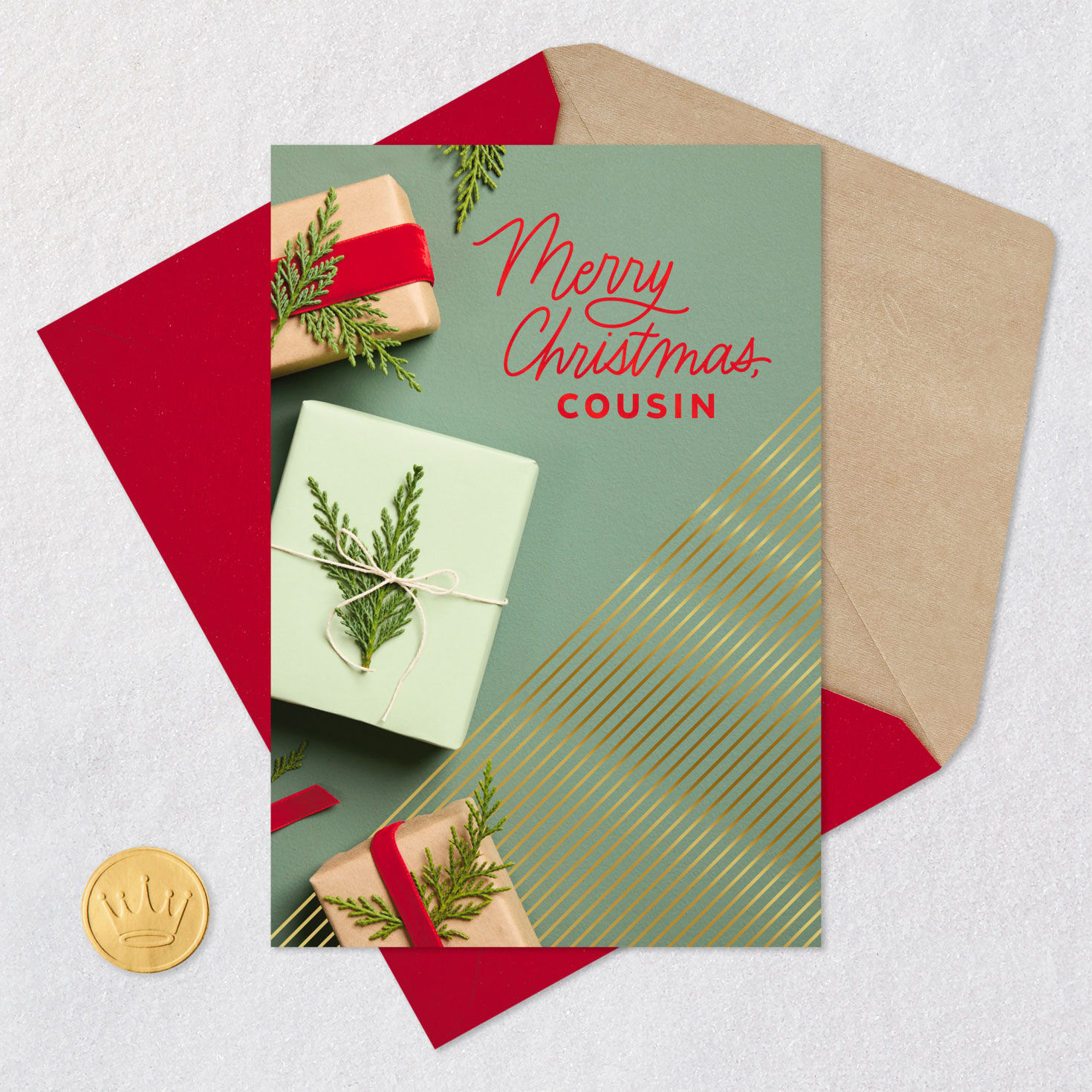 Wrapped Holiday Gifts Cousin Christmas Card Card Front with Envelope and Gold Seal image number 5