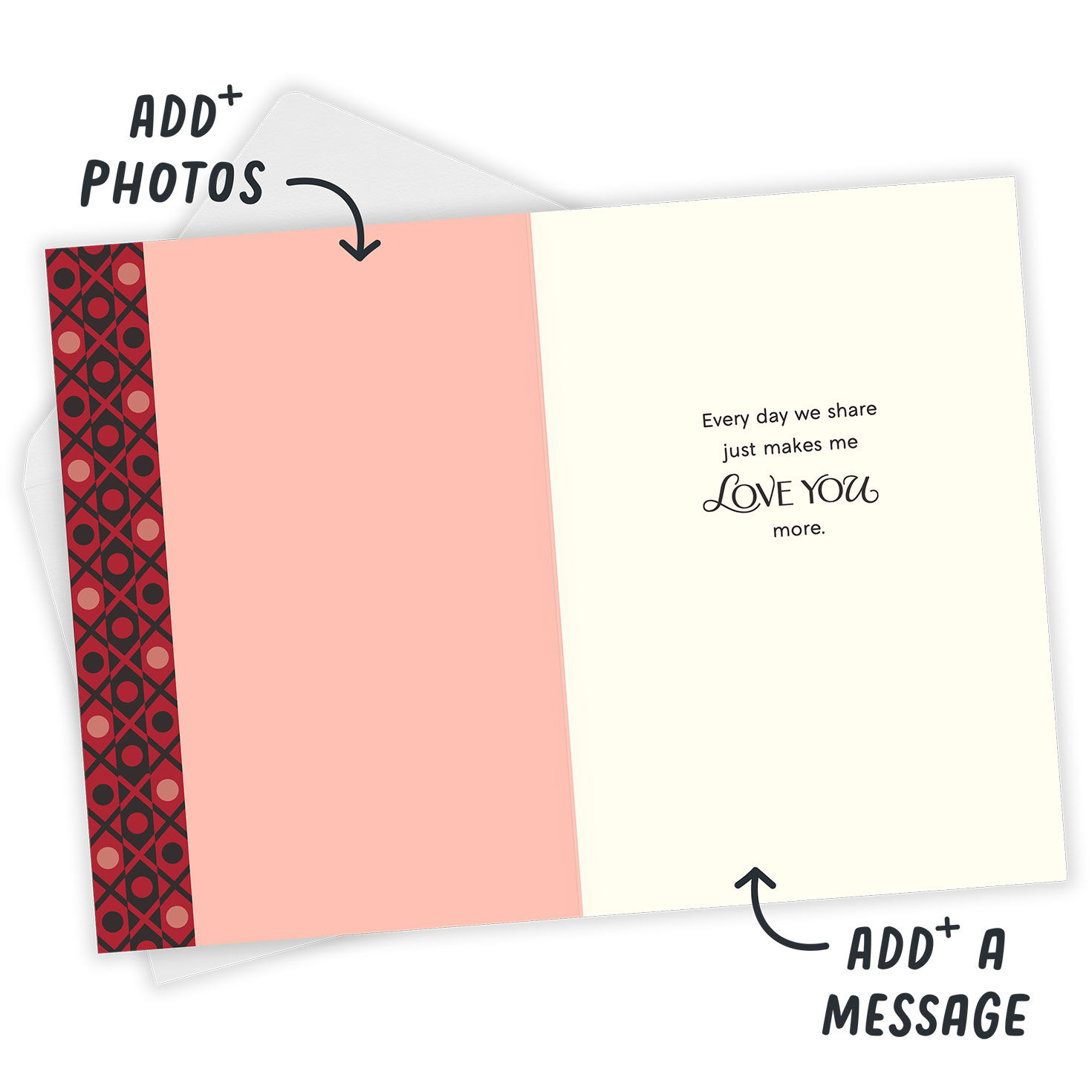 Red Pink XO Border Personalized Valentine's Day Card Open Card with Envelope indicating personalization image number 3