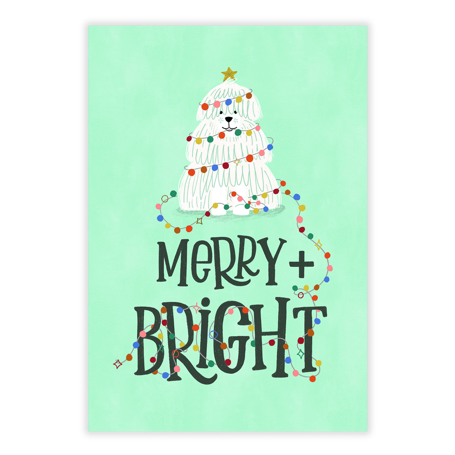 White Dog in Lights Personalized Christmas Card front image number 2