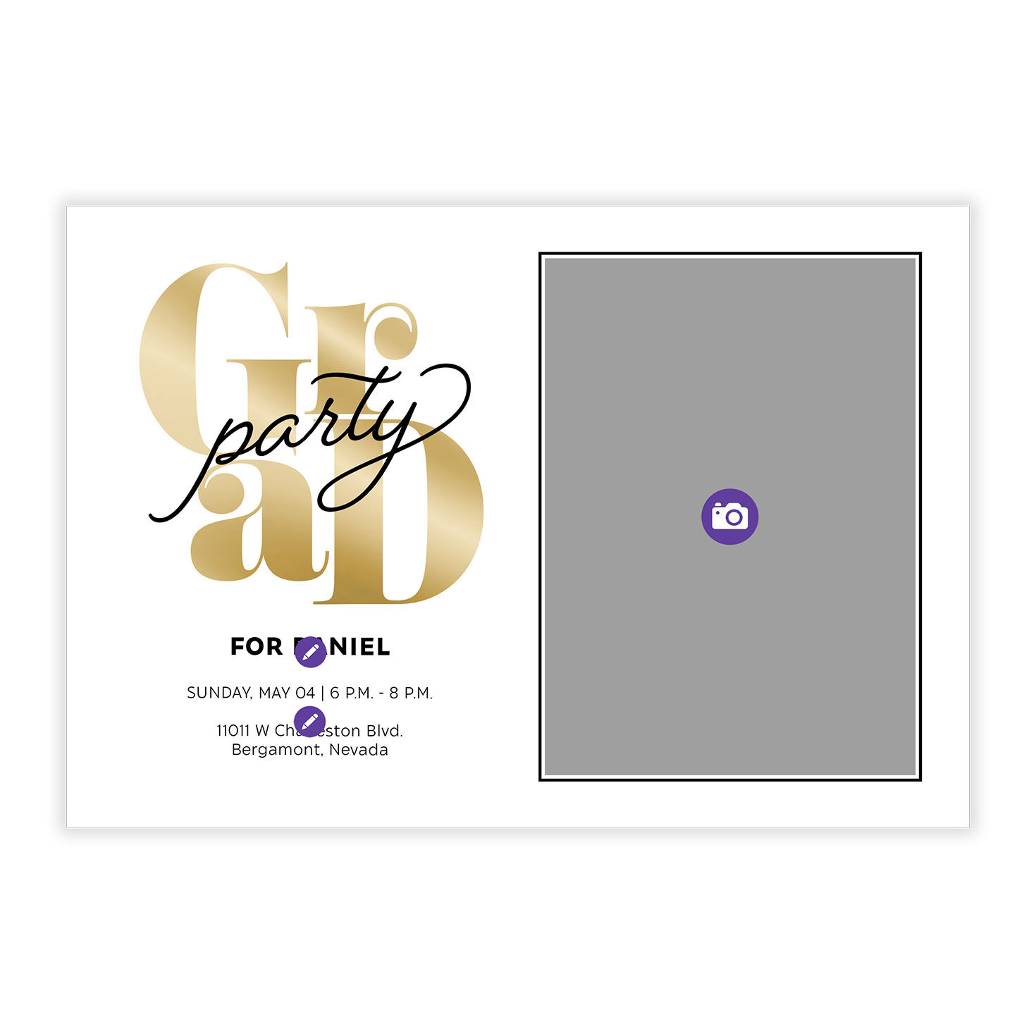 Gold and Black Personalized Grad Party Invitation Card Front indicating personalization image number 5