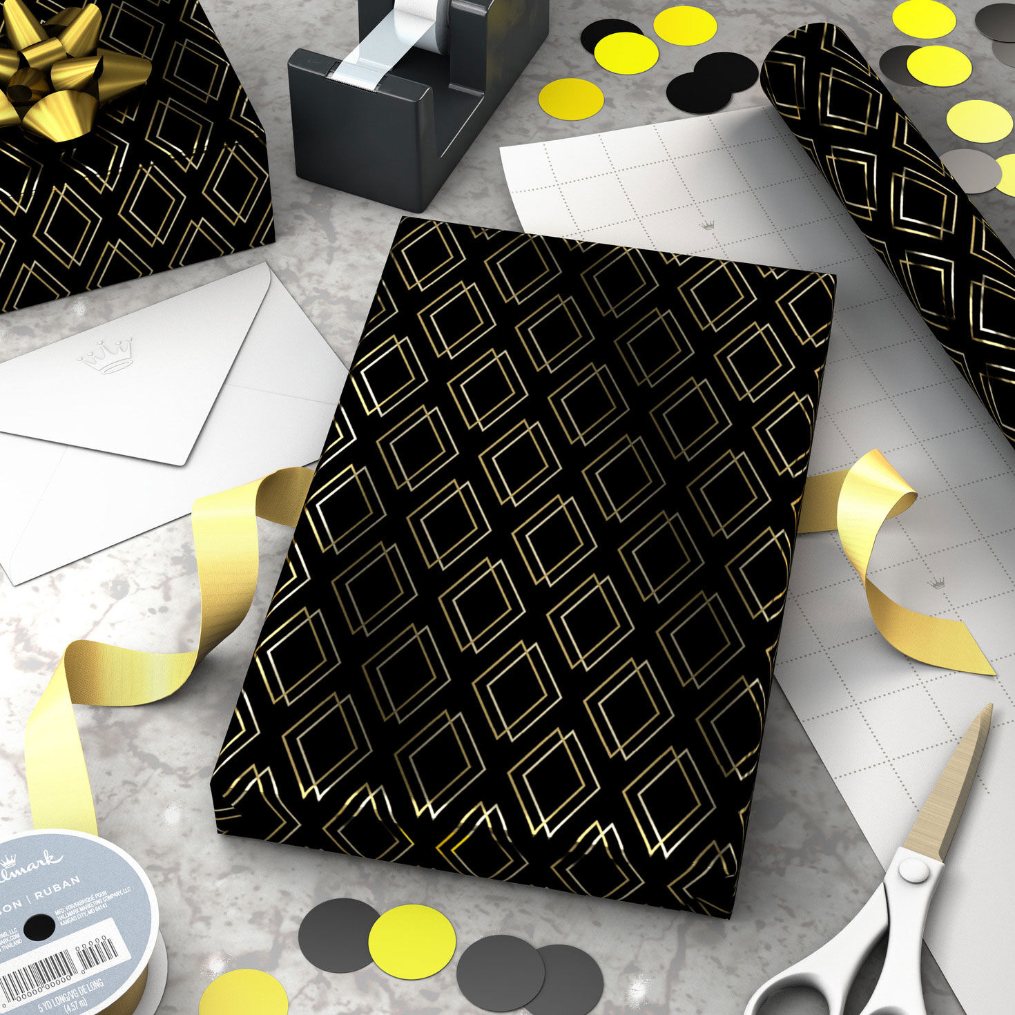 White and Gold Diamonds on Black Gift Wrap Roll in use image number 3