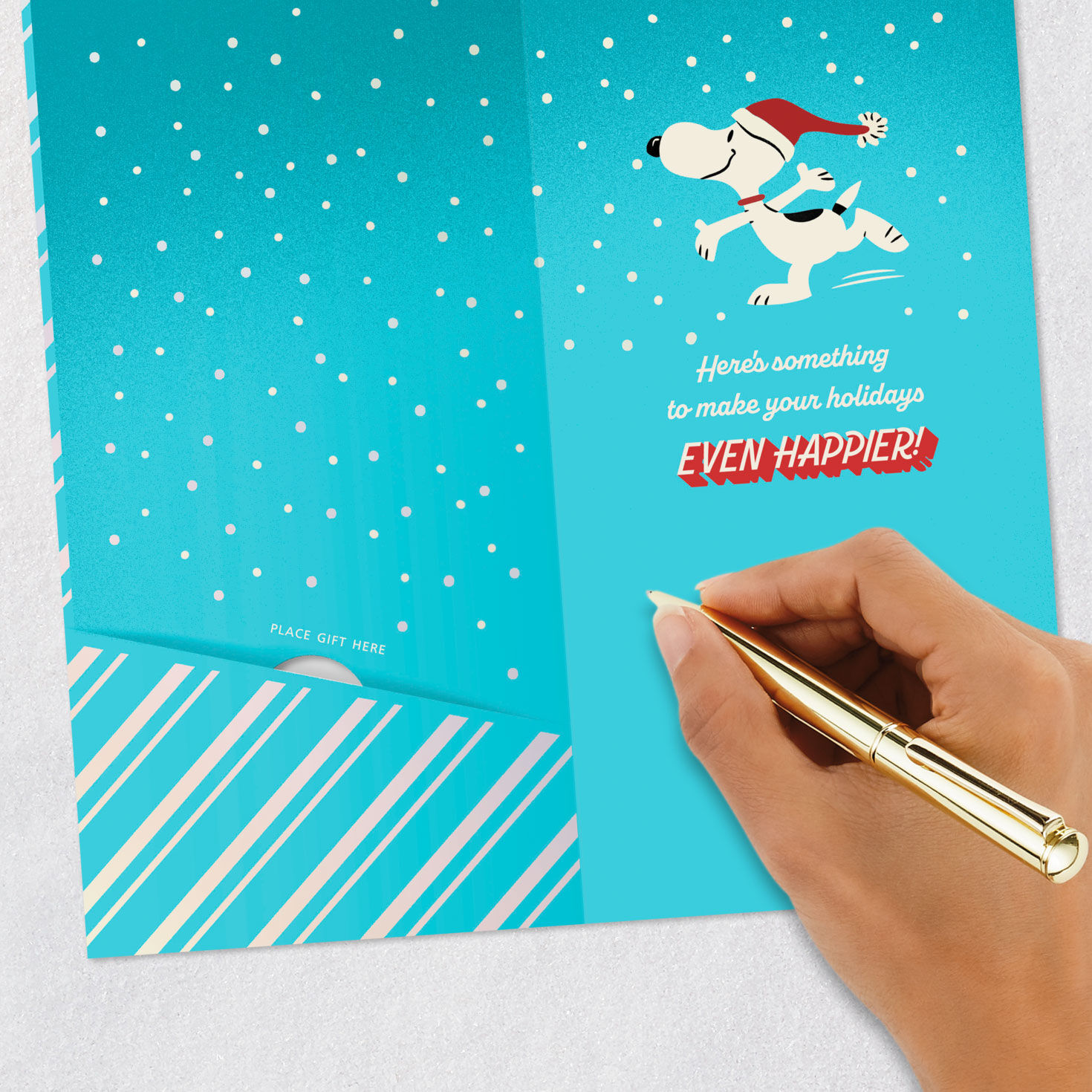 Dancing Snoopy on Blue Money Holder Christmas Card Signing card image number 7