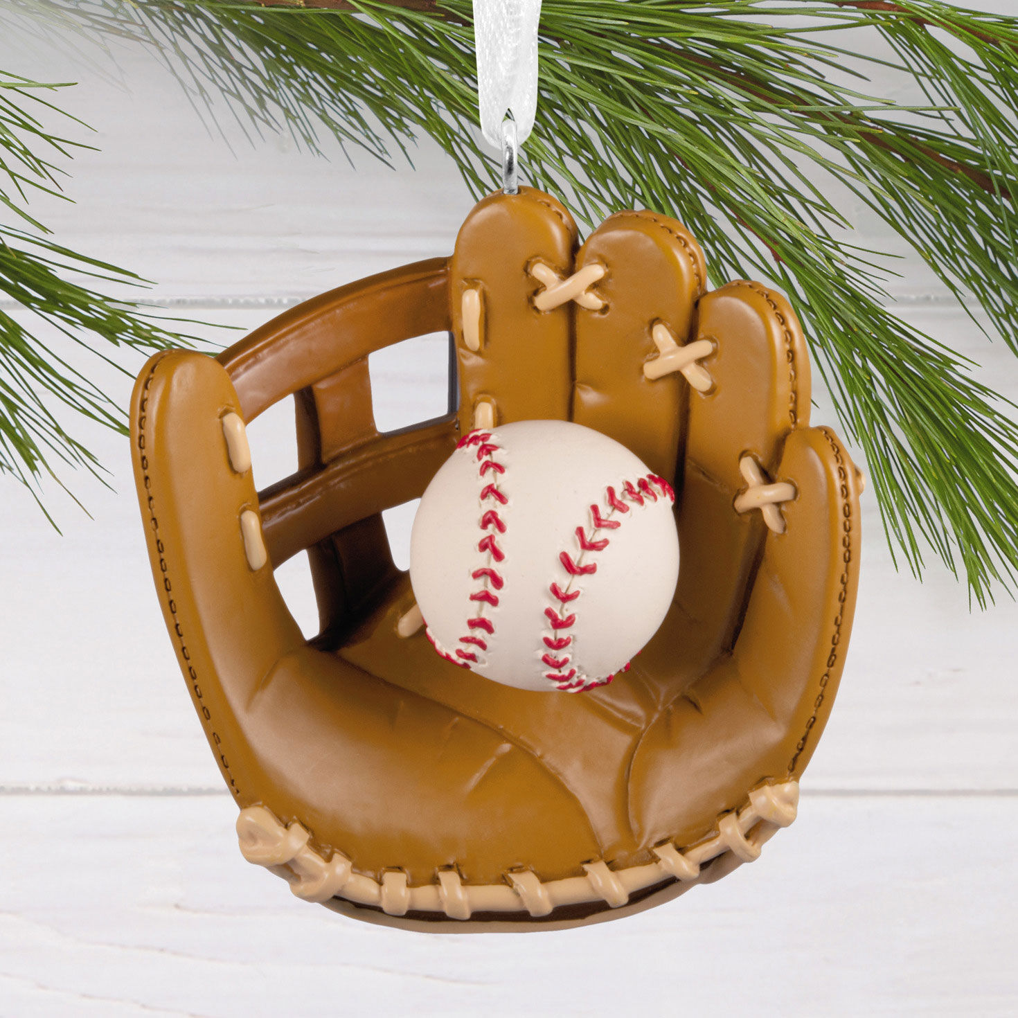 Baseball in Glove Christmas Ornament hanging on tree image number 2