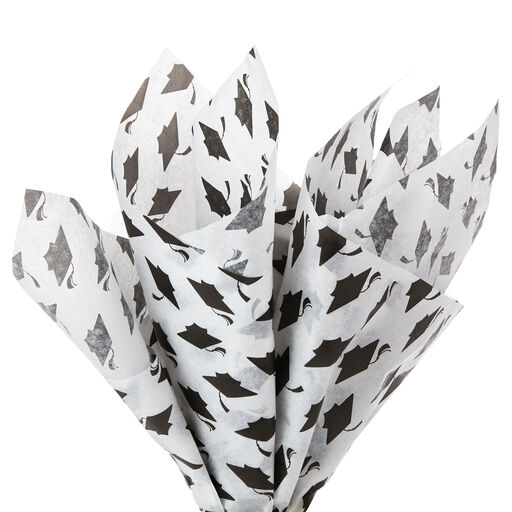Black Grad Caps on White Tissue Paper, 6 sheets, 