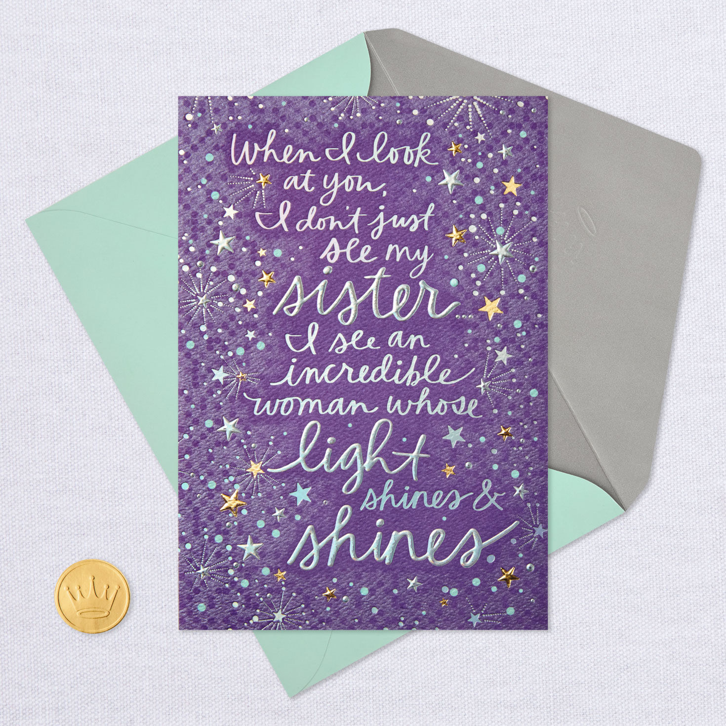 Stars on Purple Birthday Card for Sister Card Front with Envelope and Gold Seal image number 5