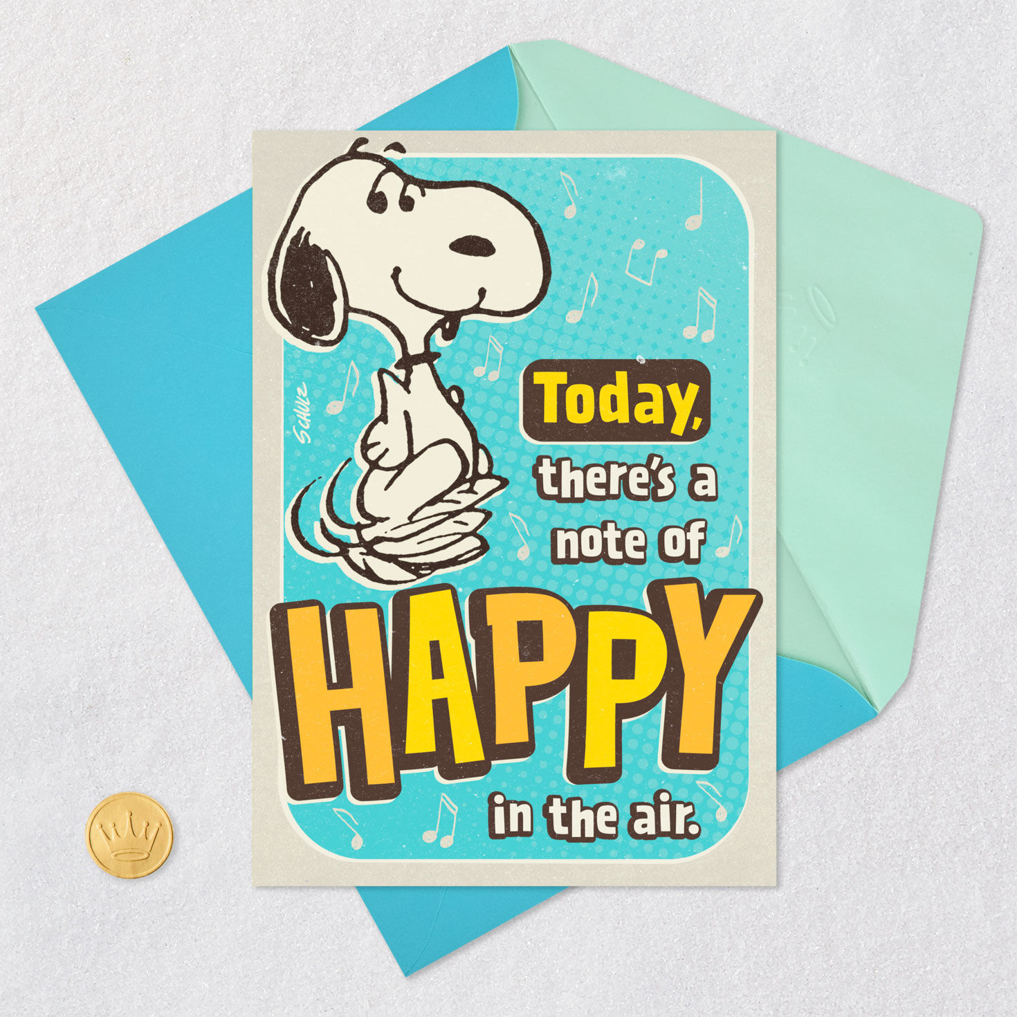 Snoopy Happy Dance on Blue Musical Birthday Card Card Front with Envelope and Gold Seal image number 5