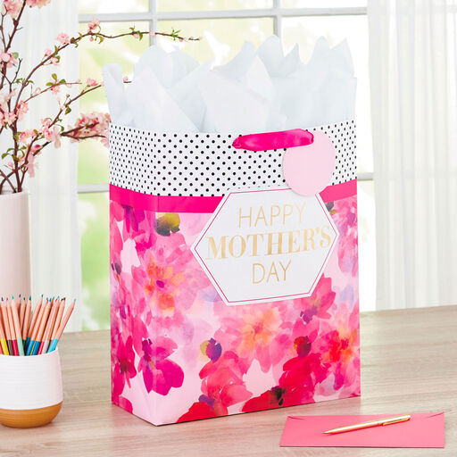 15.5" Fuchsia Floral XL Mother's Day Gift Bag With Tissue, 