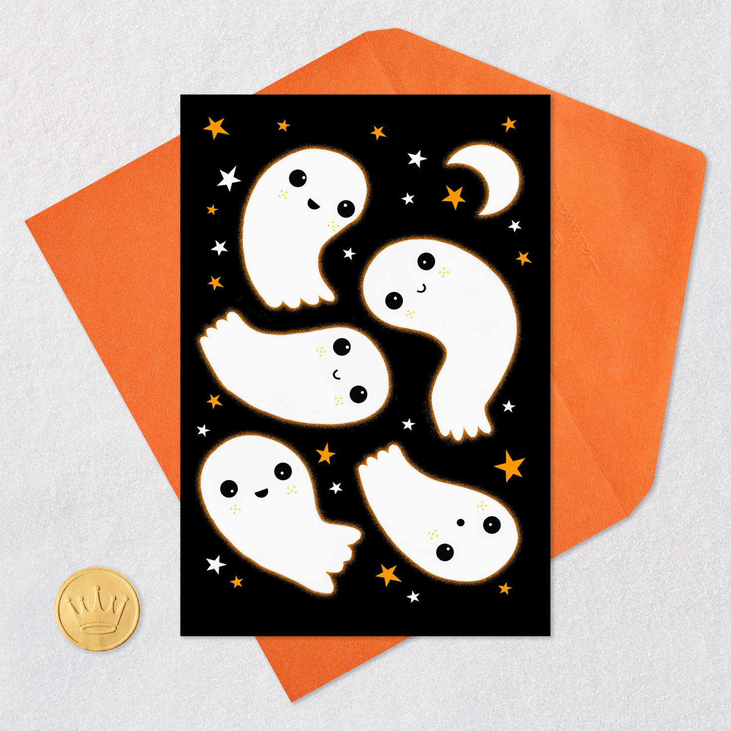 Smiling Ghosts and Stars Happy Halloween Card Card Front with Envelope and Gold Seal image number 5