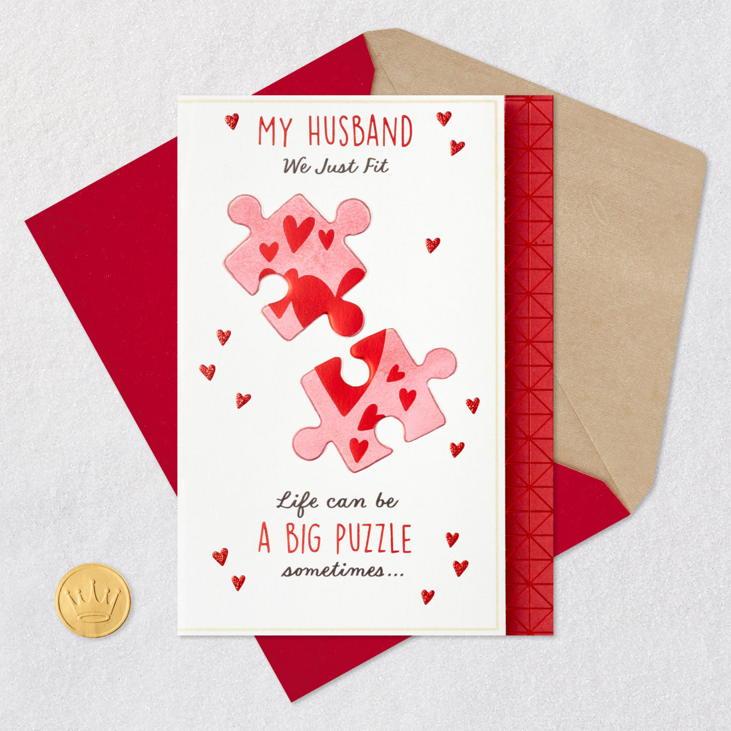 Hearts and Puzzle Pieces Husband Sweetest Day Card Card Front with Envelope and Gold Seal image number 5