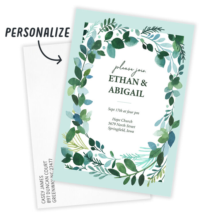 Eucalyptus Wreath Personalized Wedding Invitation Card Front indicating personalization image number 2