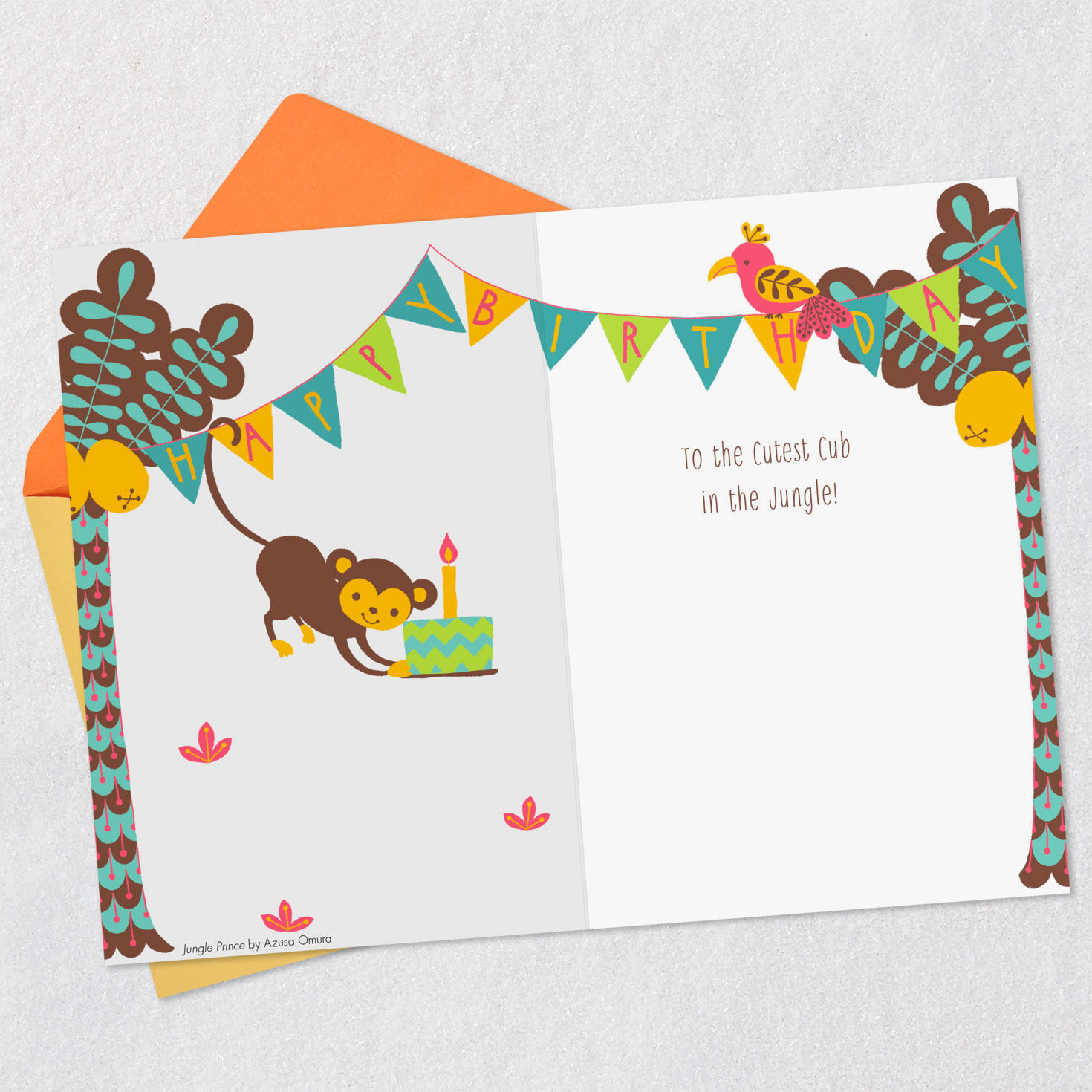 Lion Cub and Balloon Boys First Birthday Card Open card with envelope image number 3