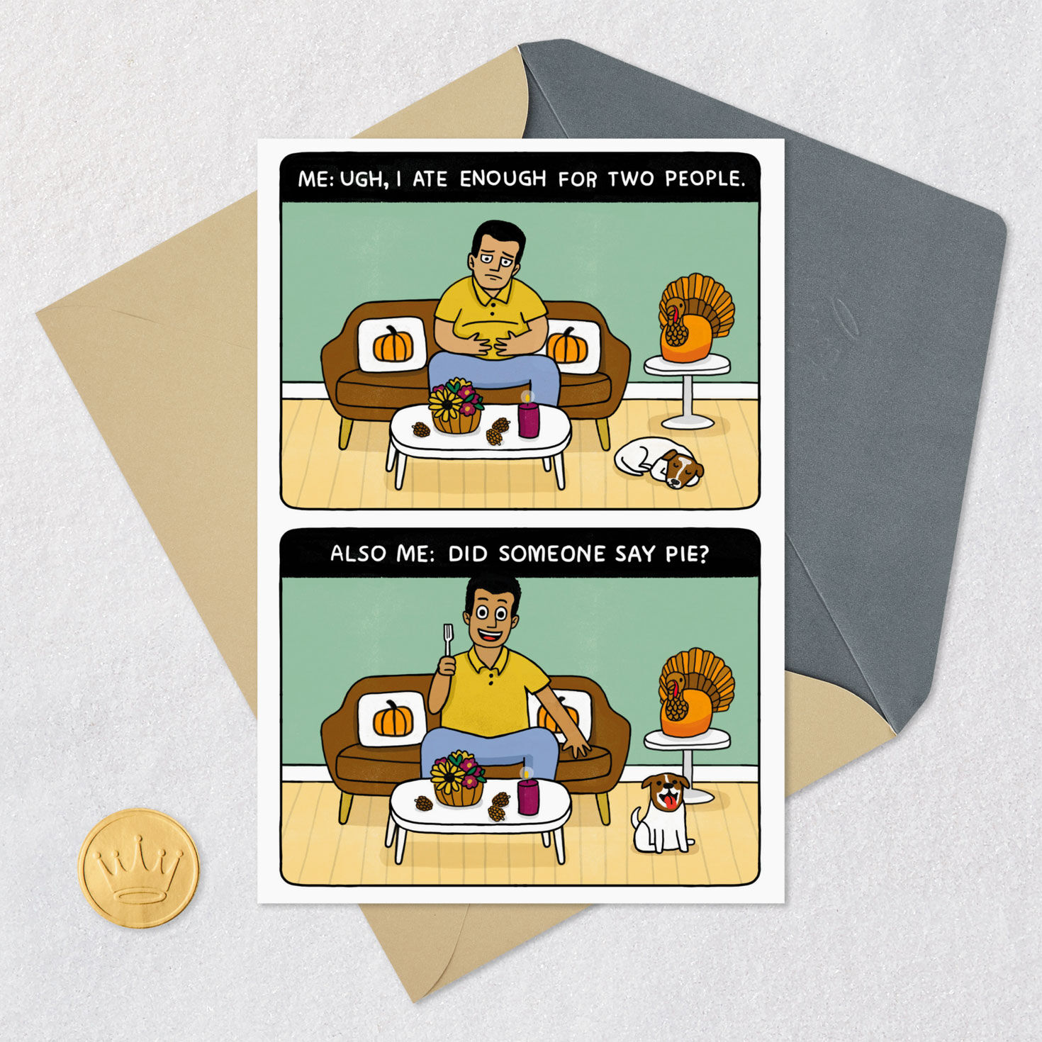 Cartoon Guy on Couch Funny Thanksgiving Card Card Front with Envelope and Gold Seal image number 5