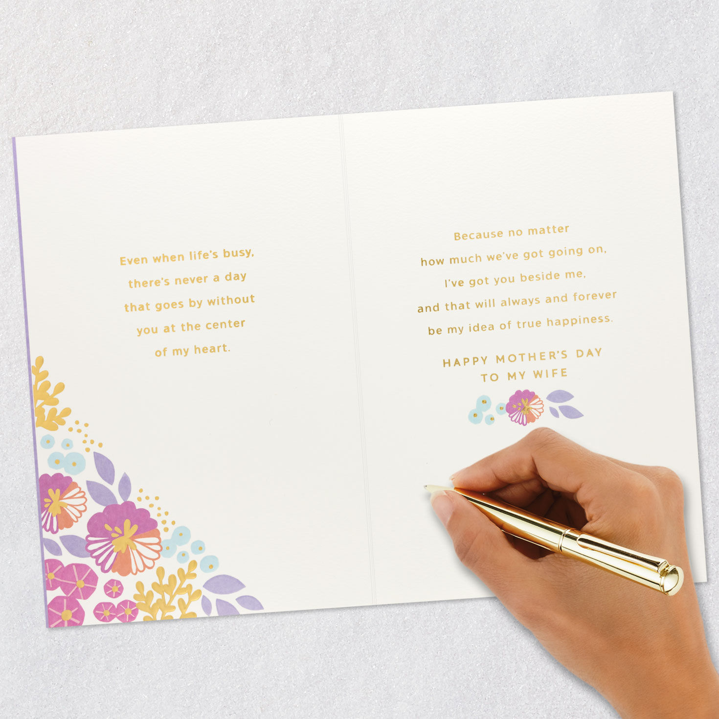 Pink Flowers on Purple Mother's Day Card for Wife Signing card image number 7