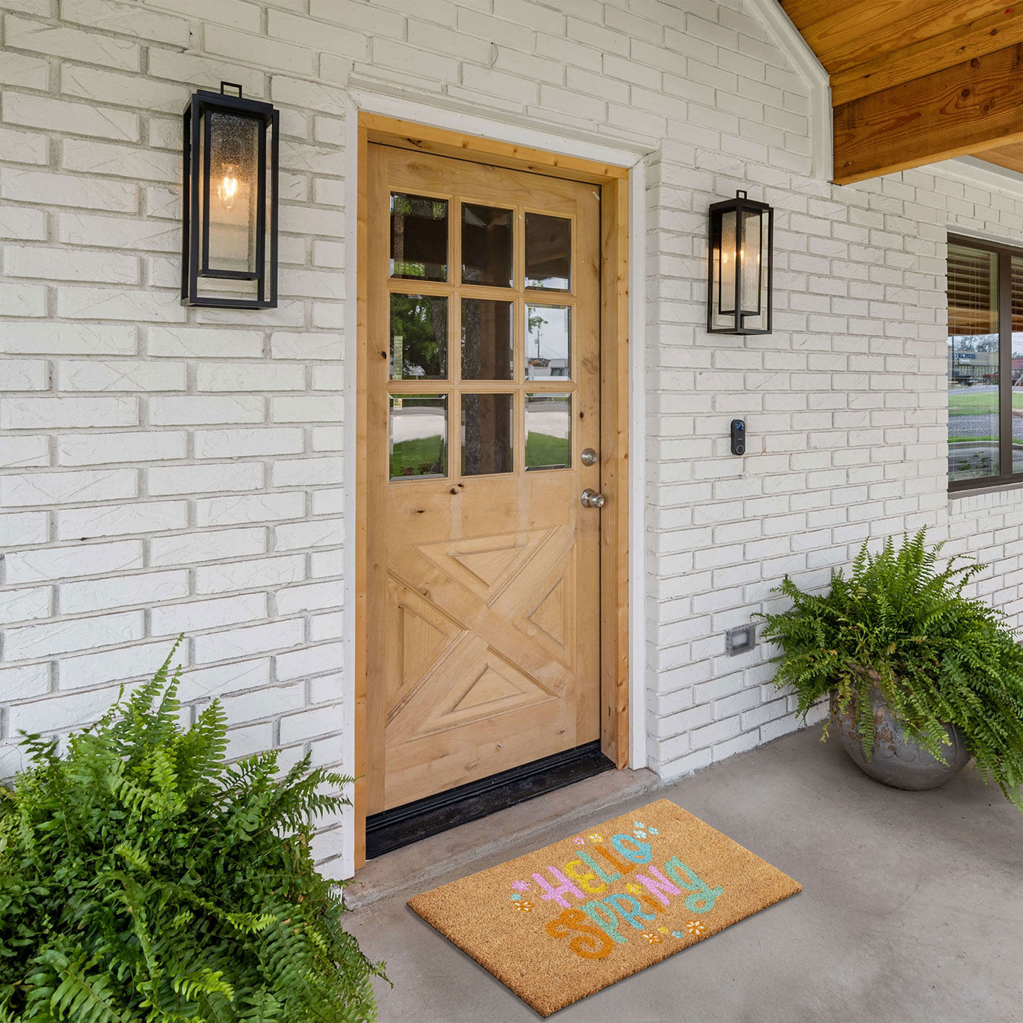 Hello Spring Lettering Coir Outdoor Doormat in use image number 2
