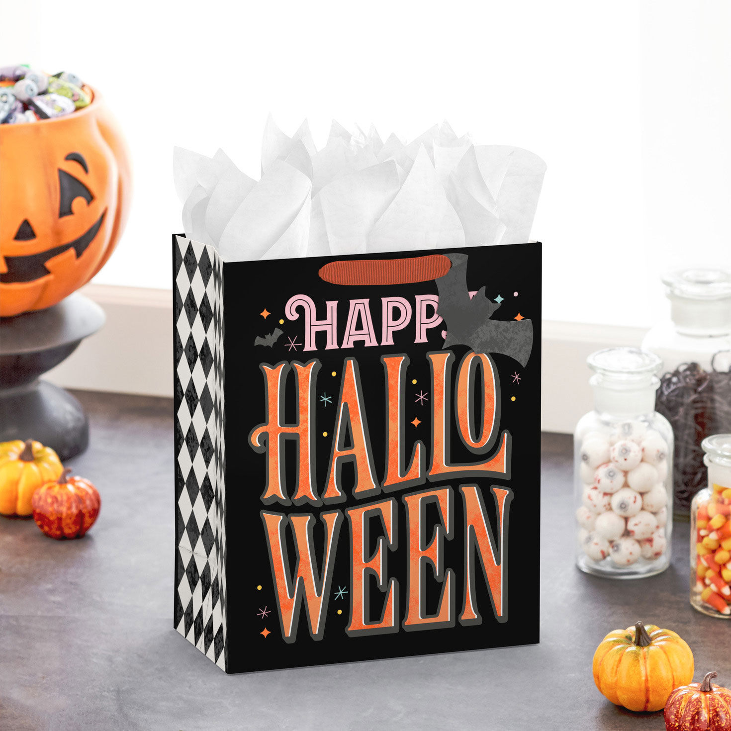 Orange Lettering on Black Large Halloween Gift Bag in use image number 2