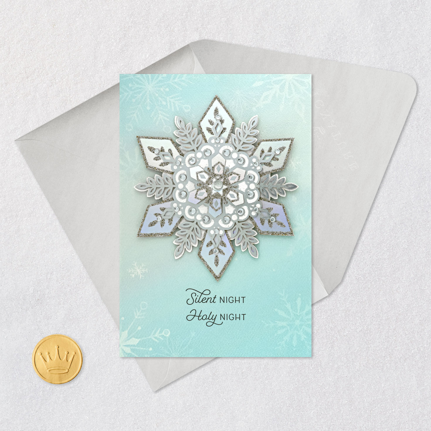 Gold Glitter Snowflake Religious Christmas Card Card Front with Envelope and Gold Seal image number 6