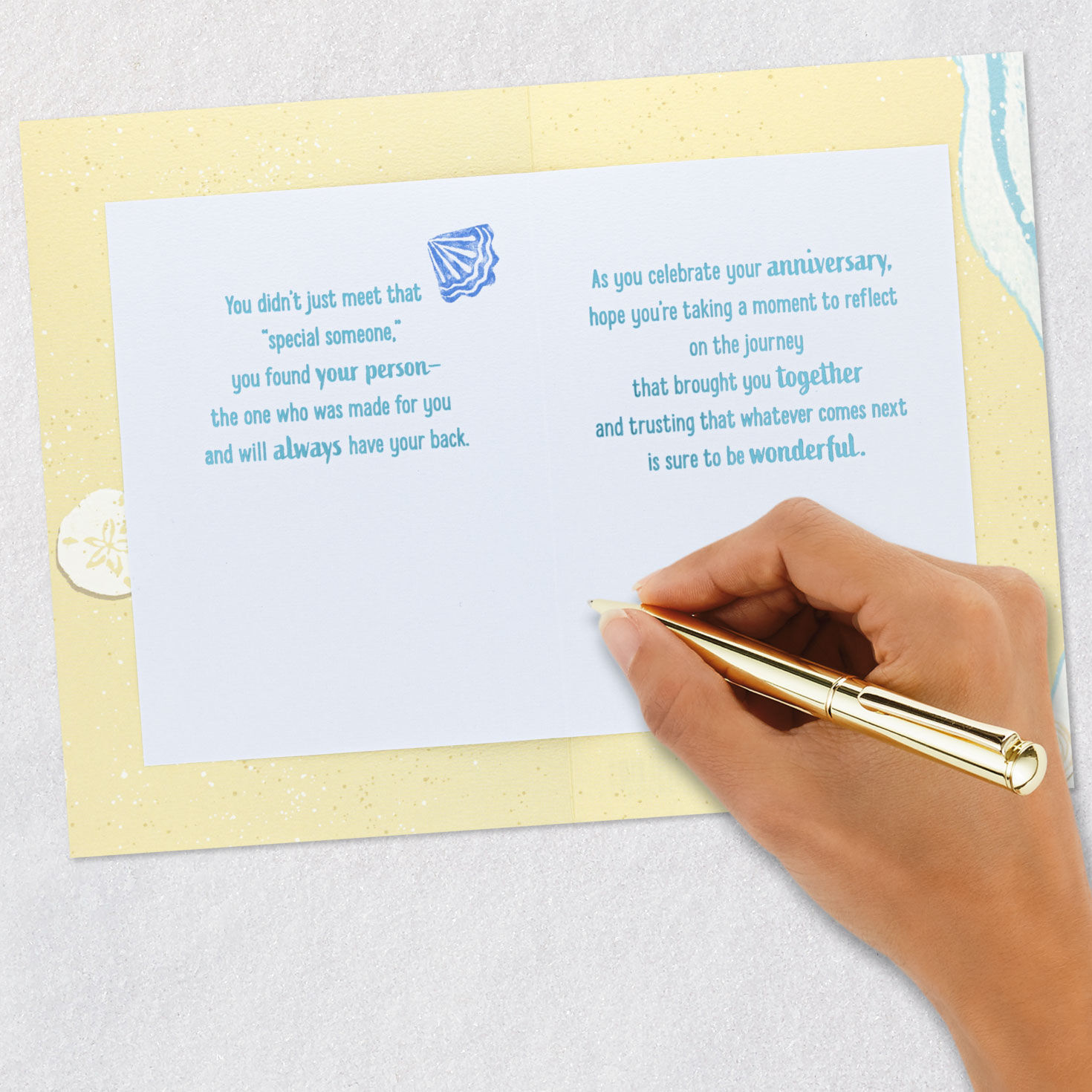 Blue and White Seashells on Sandy Beach Anniversary Card Signing card image number 7
