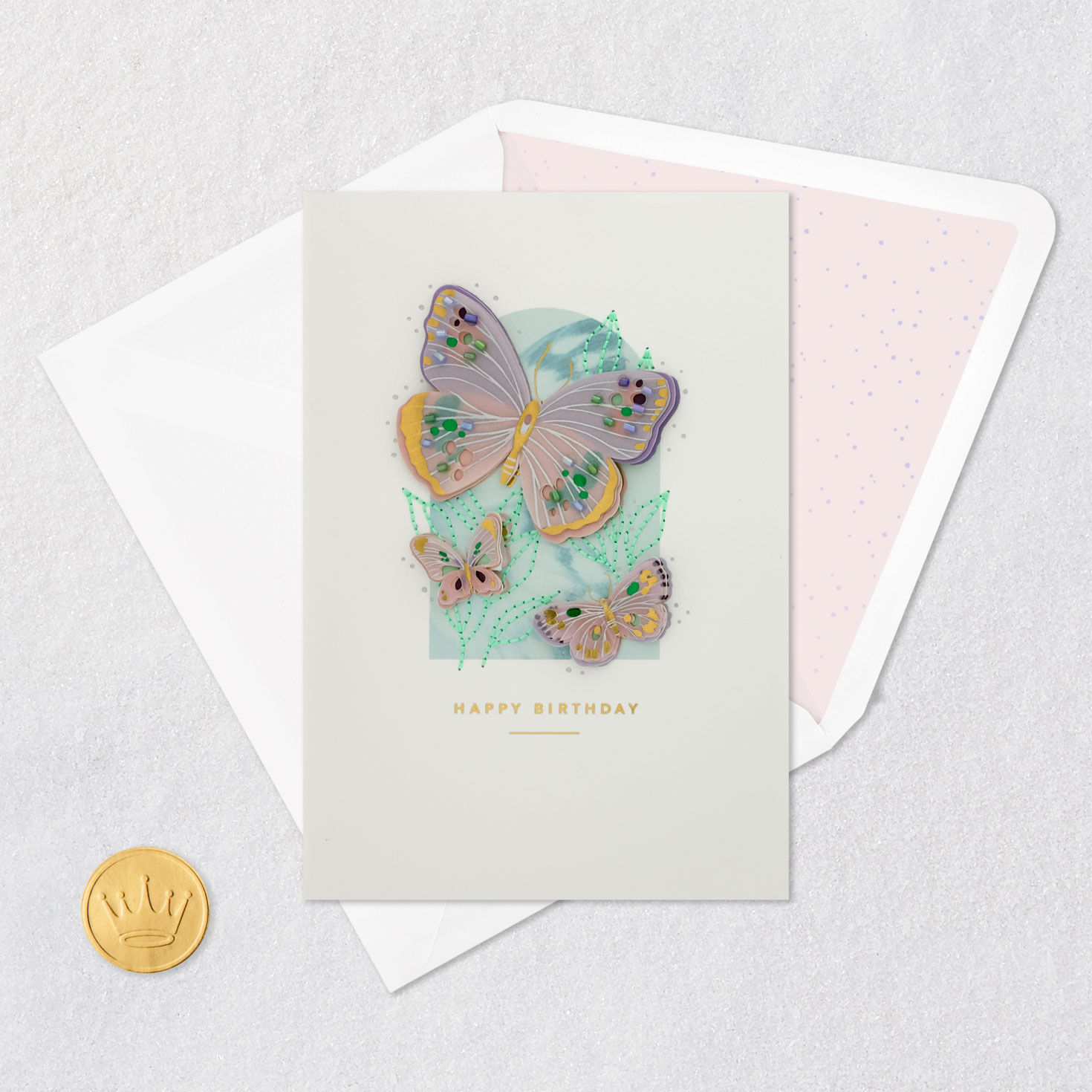 Pink Butterflies on Aqua Birthday Card Card Front with Envelope and Gold Seal image number 5