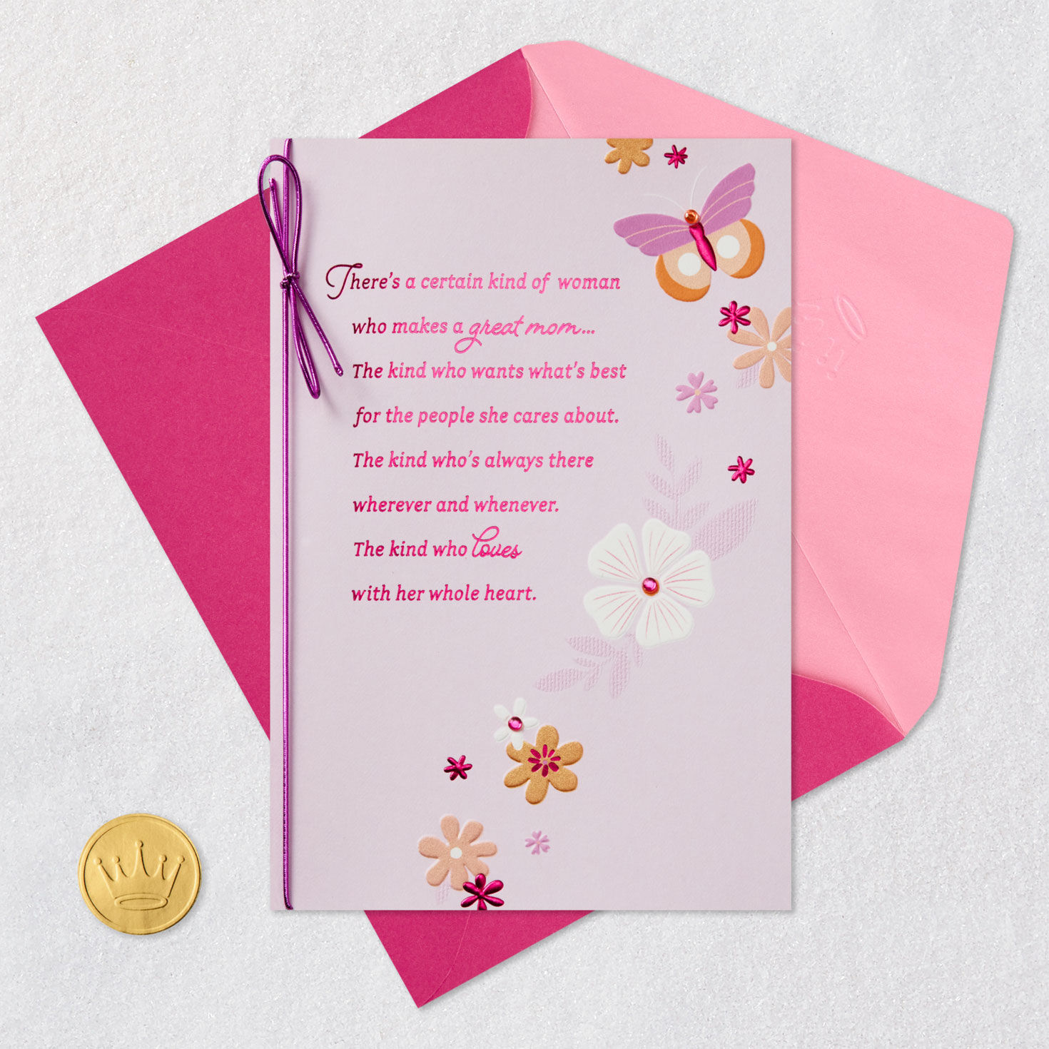 Whimsical Flowers on Pink Mother's Day Card Card Front with Envelope and Gold Seal image number 5