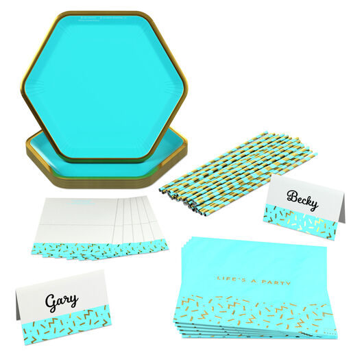 Color Pop 60-Piece Tableware Premium Party Kit, Aqua Hexagon, 