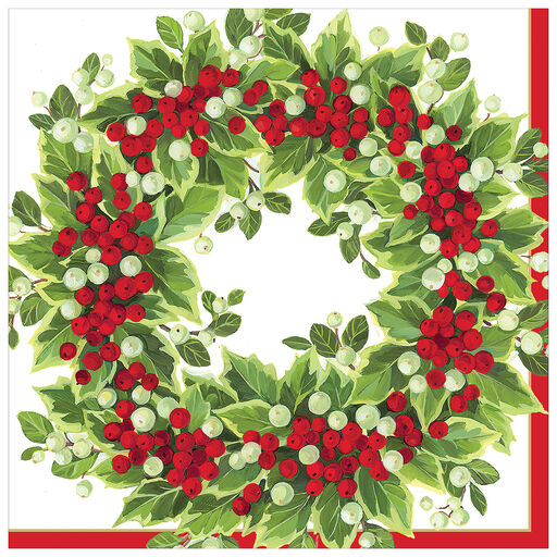 Caspari Holly and Berry Wreath Luncheon Napkins, Set of 20, 
