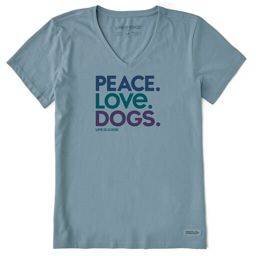 Life Is Good Peace Love Dogs Women's Blue-Gray V-Neck Tee, 
