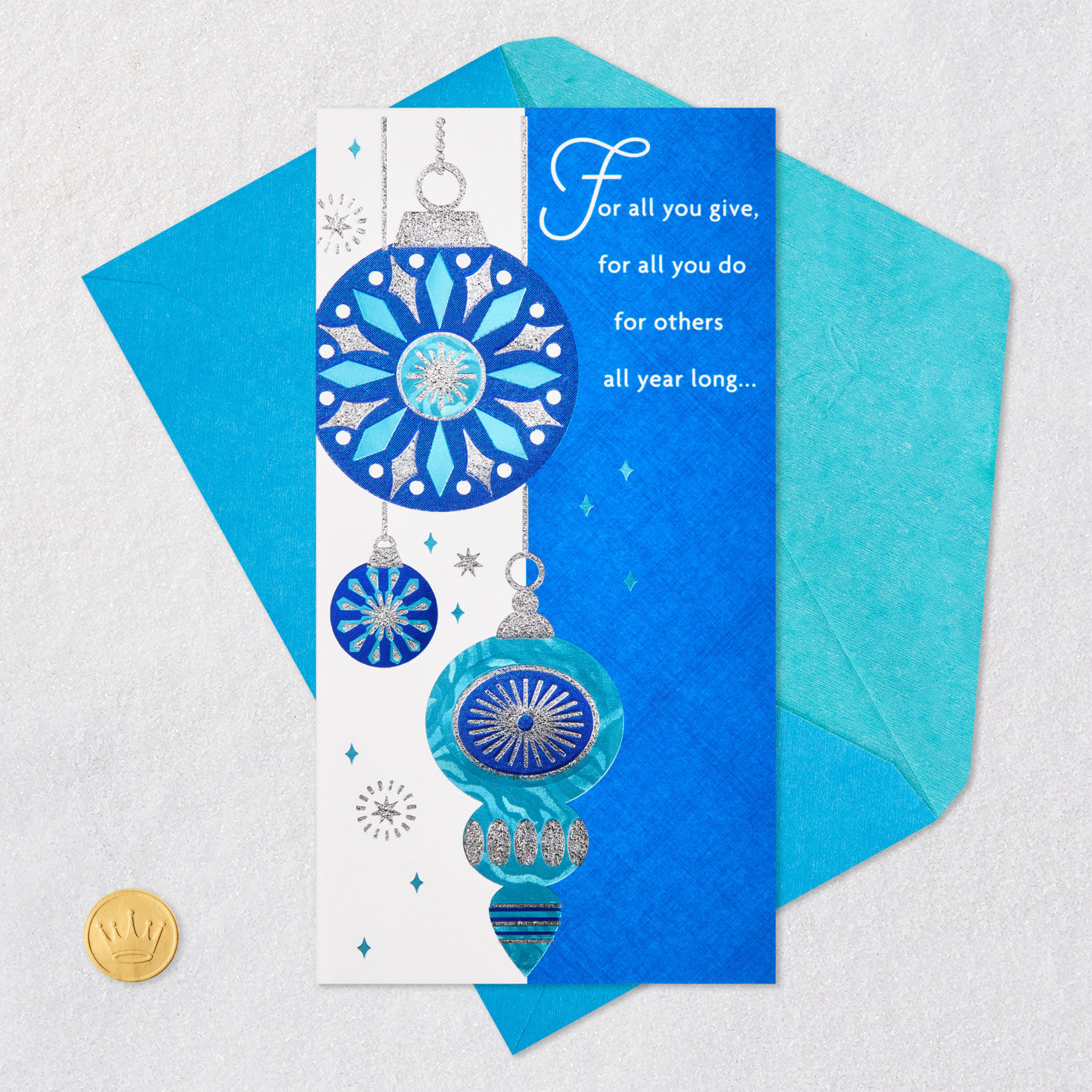Silver and Blue Retro Ornaments Money Holder Holiday Card Card Front with Envelope and Gold Seal image number 7