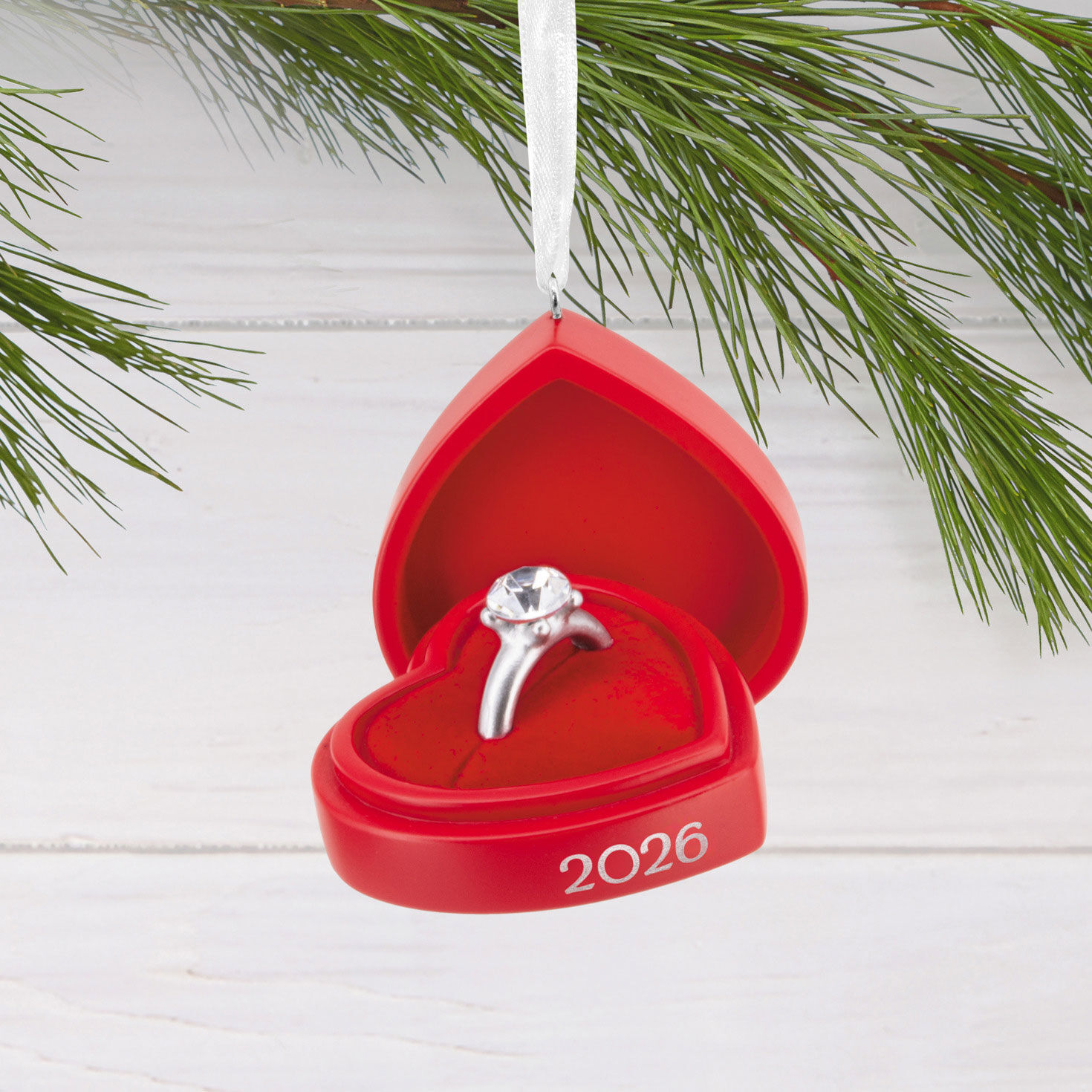 Engagement Ring 2026 Red Box Christmas Ornament hanging on tree image number 2