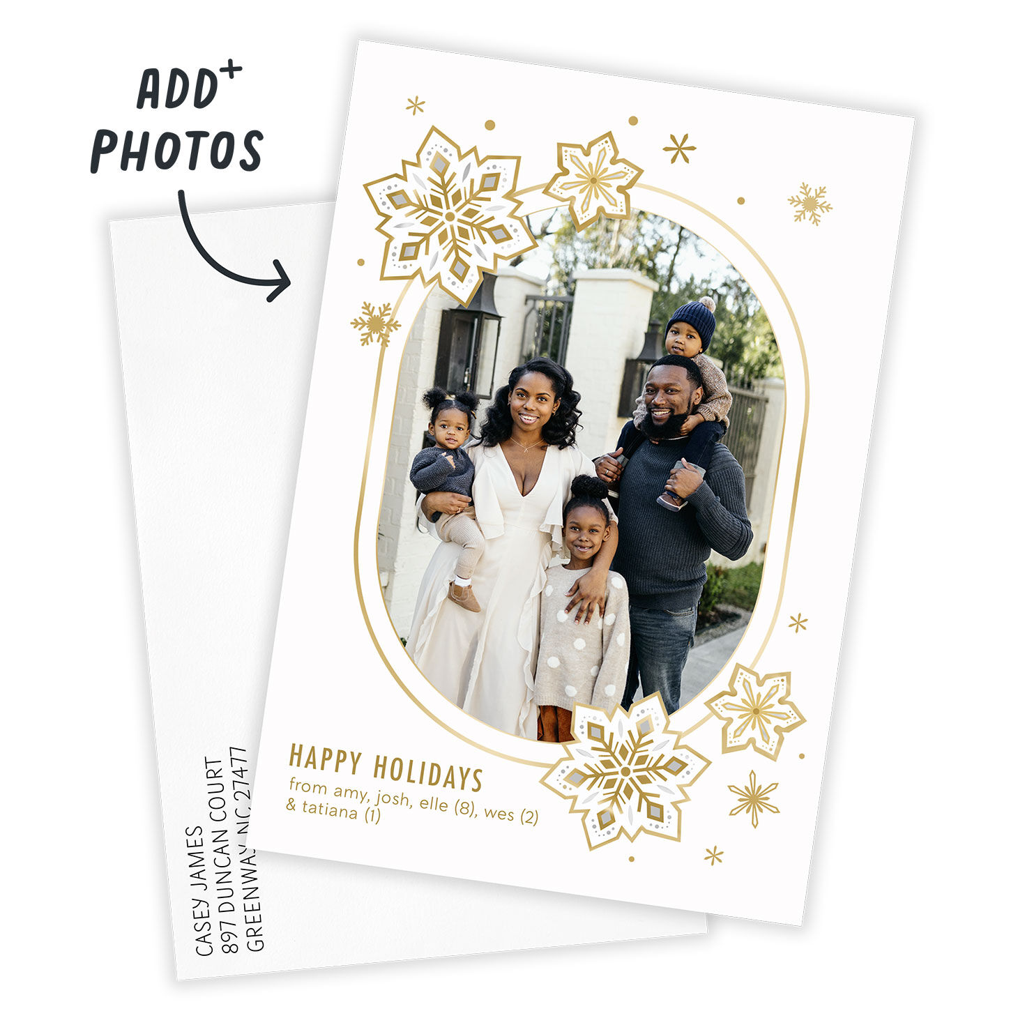 Gold Snowflakes Oval Photo Personalized Holiday Card Card with Envelope indicating personalization image number 2