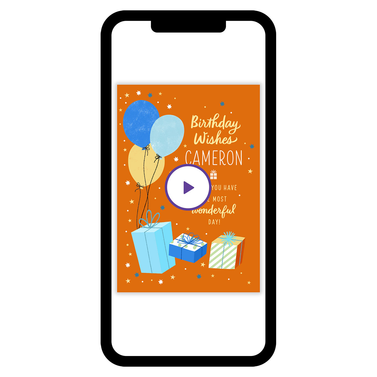 Balloons Gifts on Orange Personalized Birthday Card phone with card front image number 1