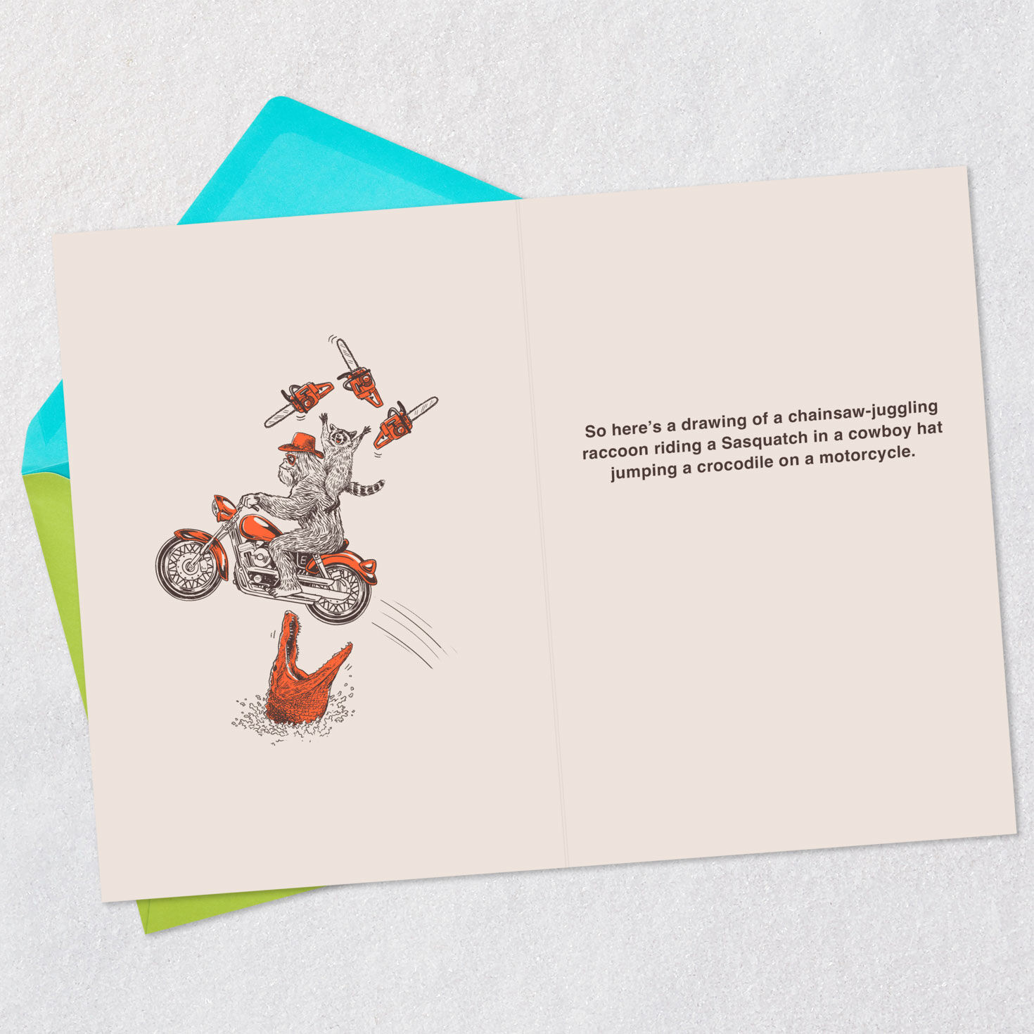 Raccoon, Sasquatch and Motorcycle Birthday Card for Man Open card with envelope image number 3
