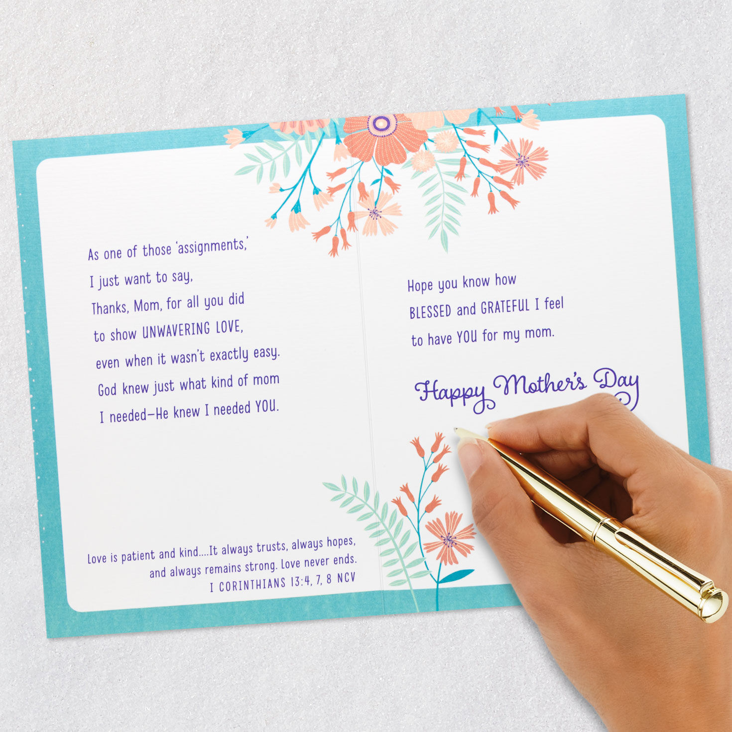 Flowers on Blue Religious Mother's Day Card for Mom Signing card image number 7