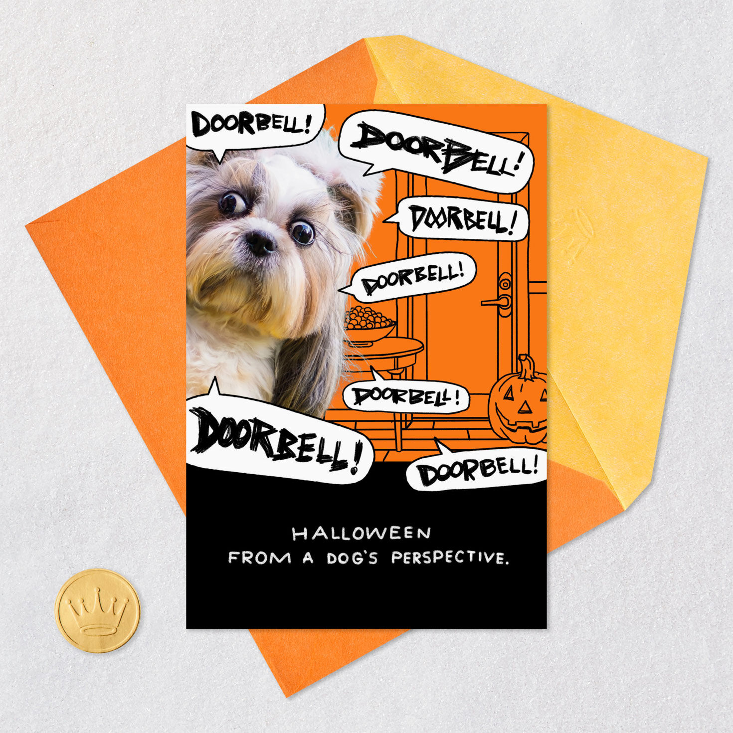 Dog Versus Doorbell Funny Halloween Card Card Front with Envelope and Gold Seal image number 5